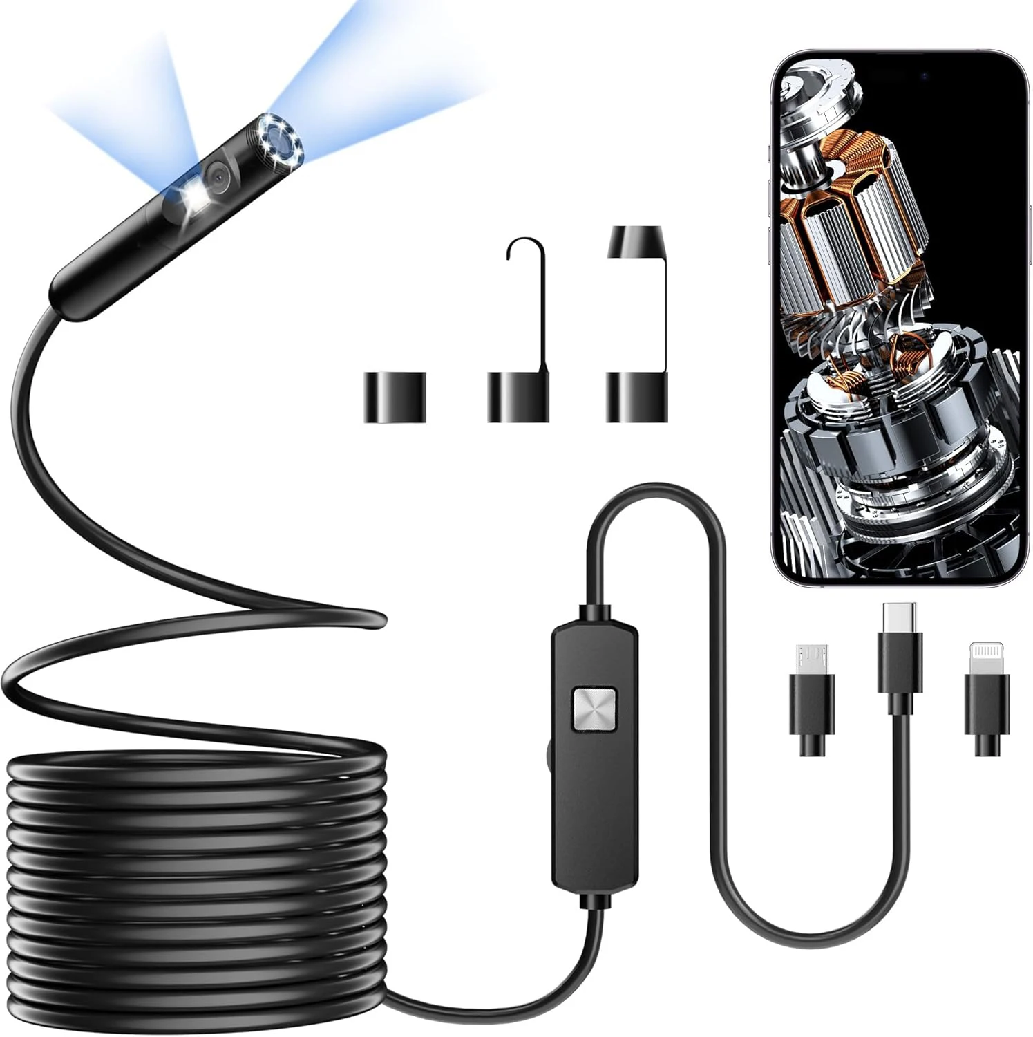 Endoscope with Light, 1920P HD Borescope with 8 Adjustable LED Lights, Semi-Rigid Snake Camera, IP67 Waterproof Inspection Tool (16.4ft, Black + Dual Lens Wiring Harness)