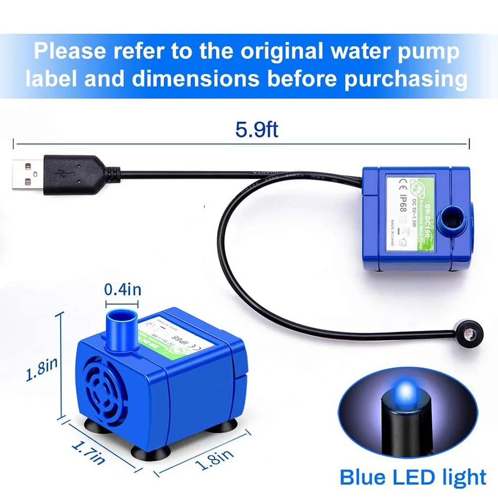 Cat Water Fountain Pump Ultra Quiet Long Lifespan Water Pump with LED Light Pet Water Fountain Pump for Cat Dog Water Dispenser