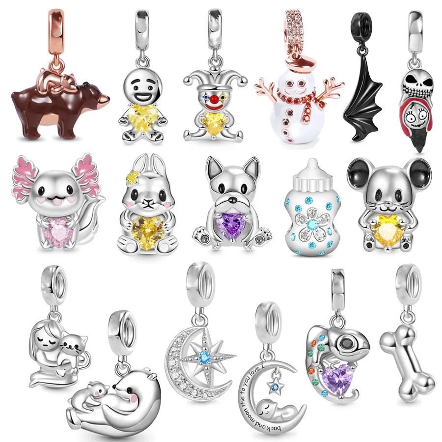 Mexican Axolotl，Rabbit & Clown Embraces Heart Gem Dangle Charms Beads Fit Original European 925 Sterling Silver Bracelet Jewelry