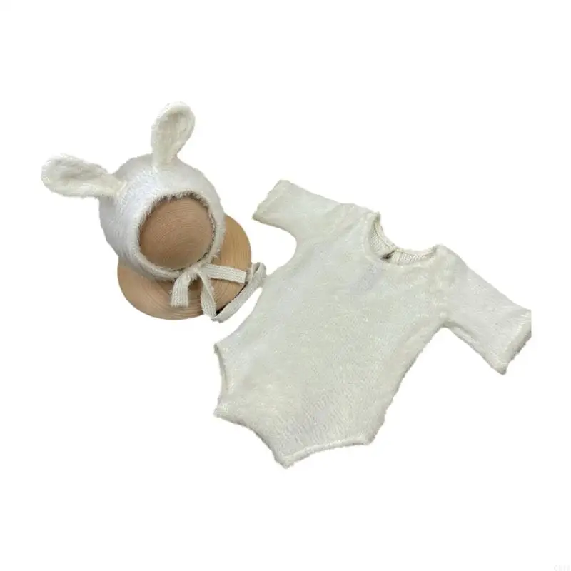 Q81A Baby Photo Costume Knitted Rabbits Jumpsuit and Hat Baby Photoshoots Photo Posing Outfit Newborn Photography Accessories