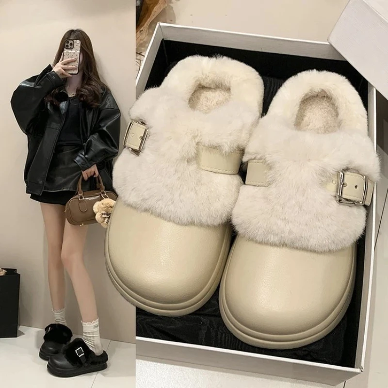 Zuecos Impermeables de EVA con Suela Gruesa y Peluche para Mujer, Invierno 2026, con Hebilla Metálica, Pantuflas Cálidas de Felpa para Exteriores