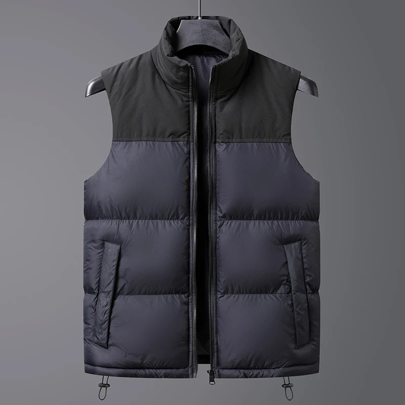 Autumn and Winter Men's High Neck Zipper Pocket Contrast Drawstring Short Sleeve Vest Cardigan Coat Loose Fashion Casual Tops