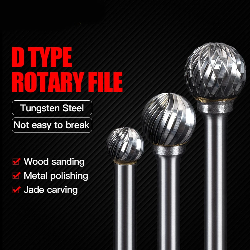 HUHAO D형 초경강 로터리 파일 이중 홈 연삭 헤드 엔드밀 금속 목재 원형 볼 타입 조각 밀링 커터