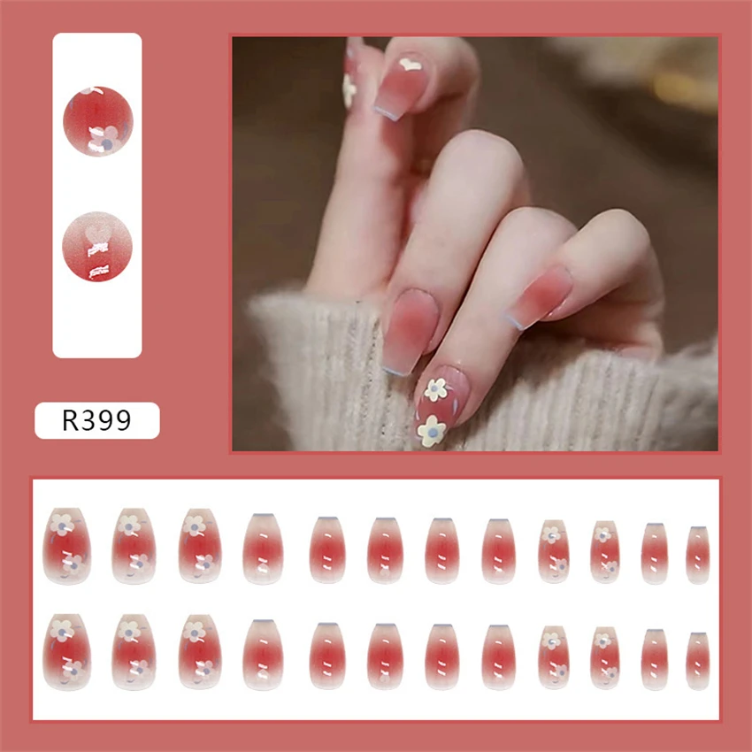 24Pcs/Set Sweet Girls Temperament Fake Nails French Adhesive Acrylic Press on Nails Removable Hand Wearing False Nails Tips