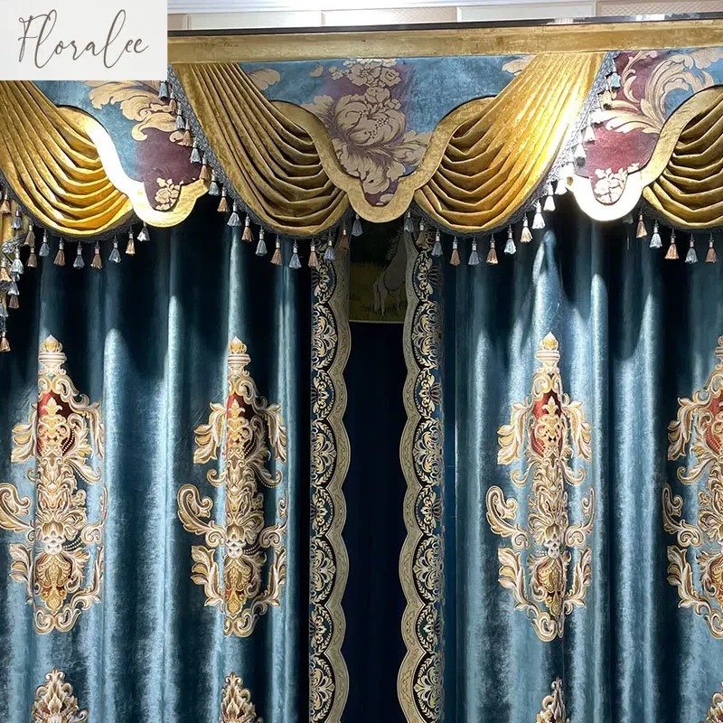 New European Style Luxury Velvet Curtains for Living Room Bedroom and Villa High-end Blackout Blue Curtain Customized Tulle