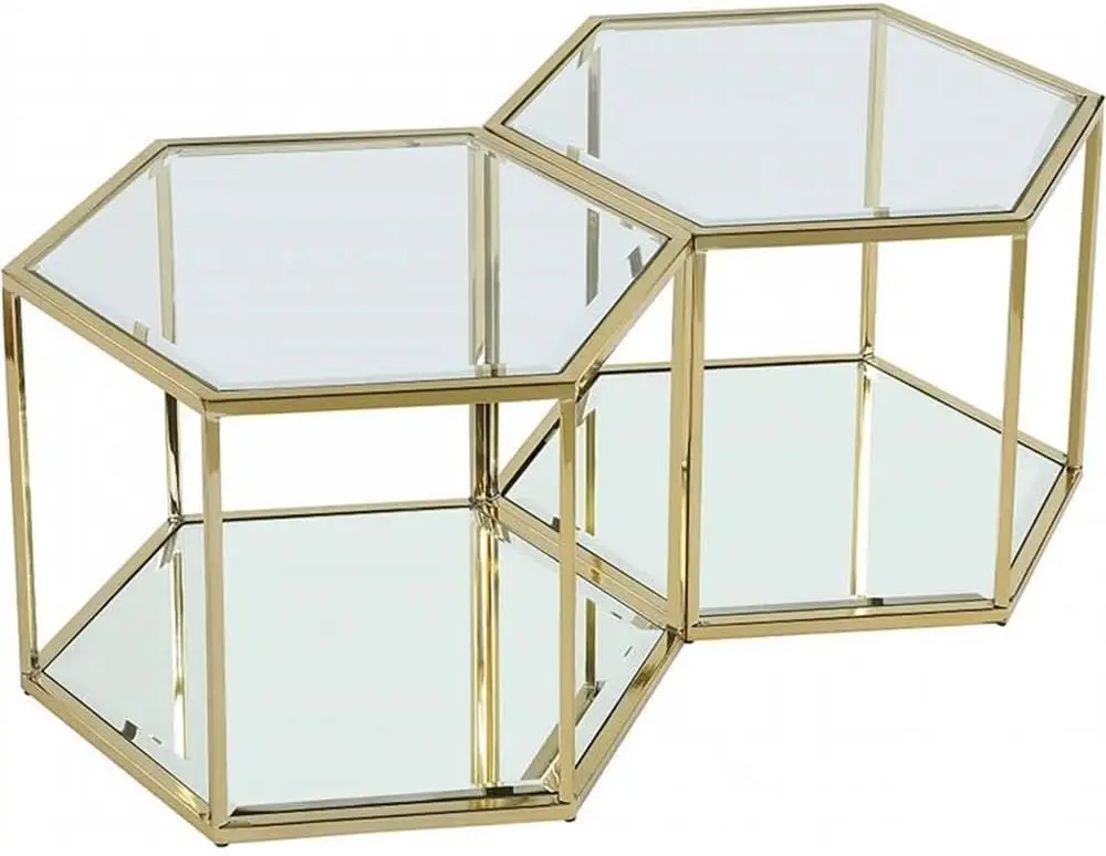 Sei Collection Modern | Contemporary Glass Top/Stainless Steel Modular Coffee Table With Mirrored Base, 2 Piece, Brushed Gold