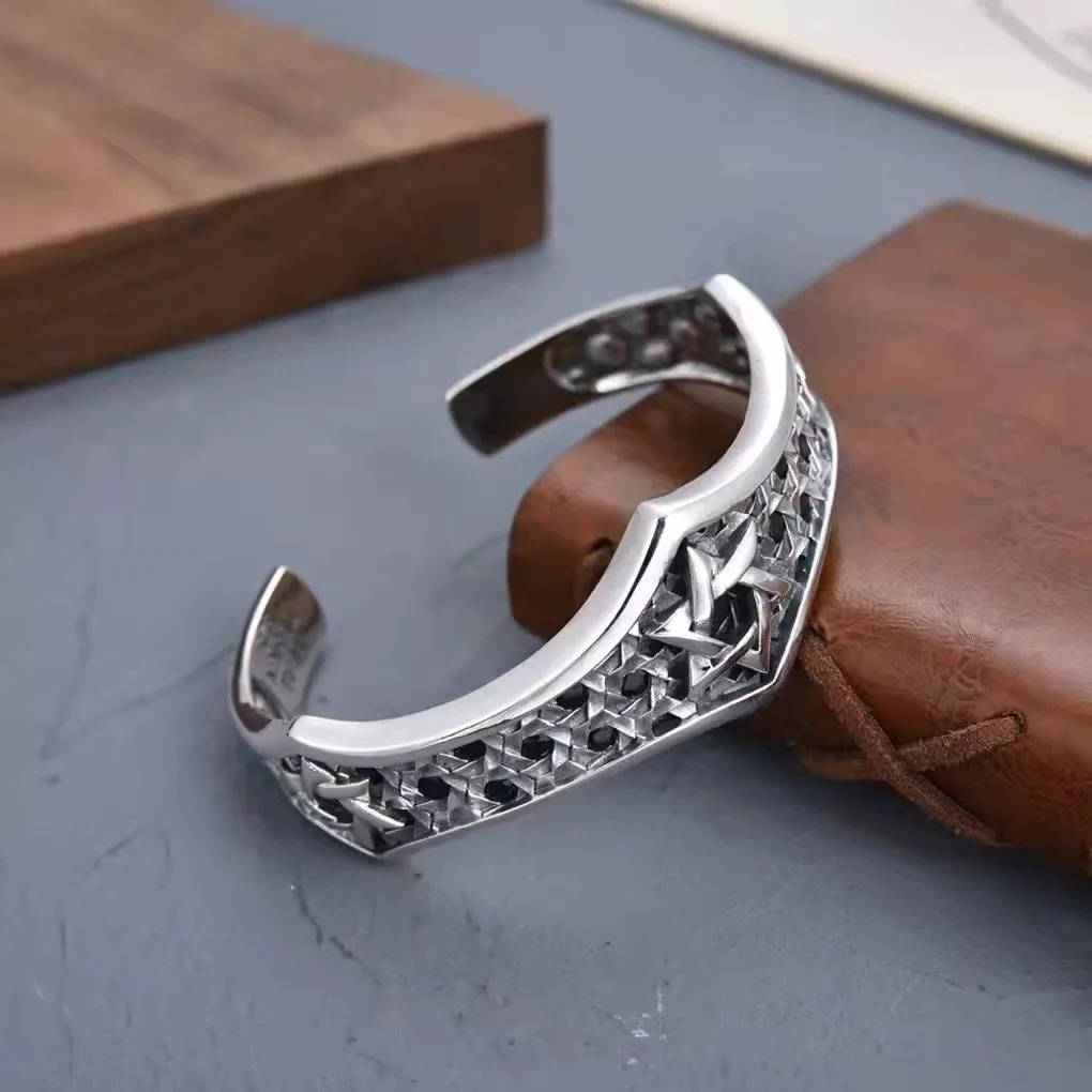 European and American hip-hop 925 sterling silver bracelet men's trendy retro bracelet with six pointed star opening design birt