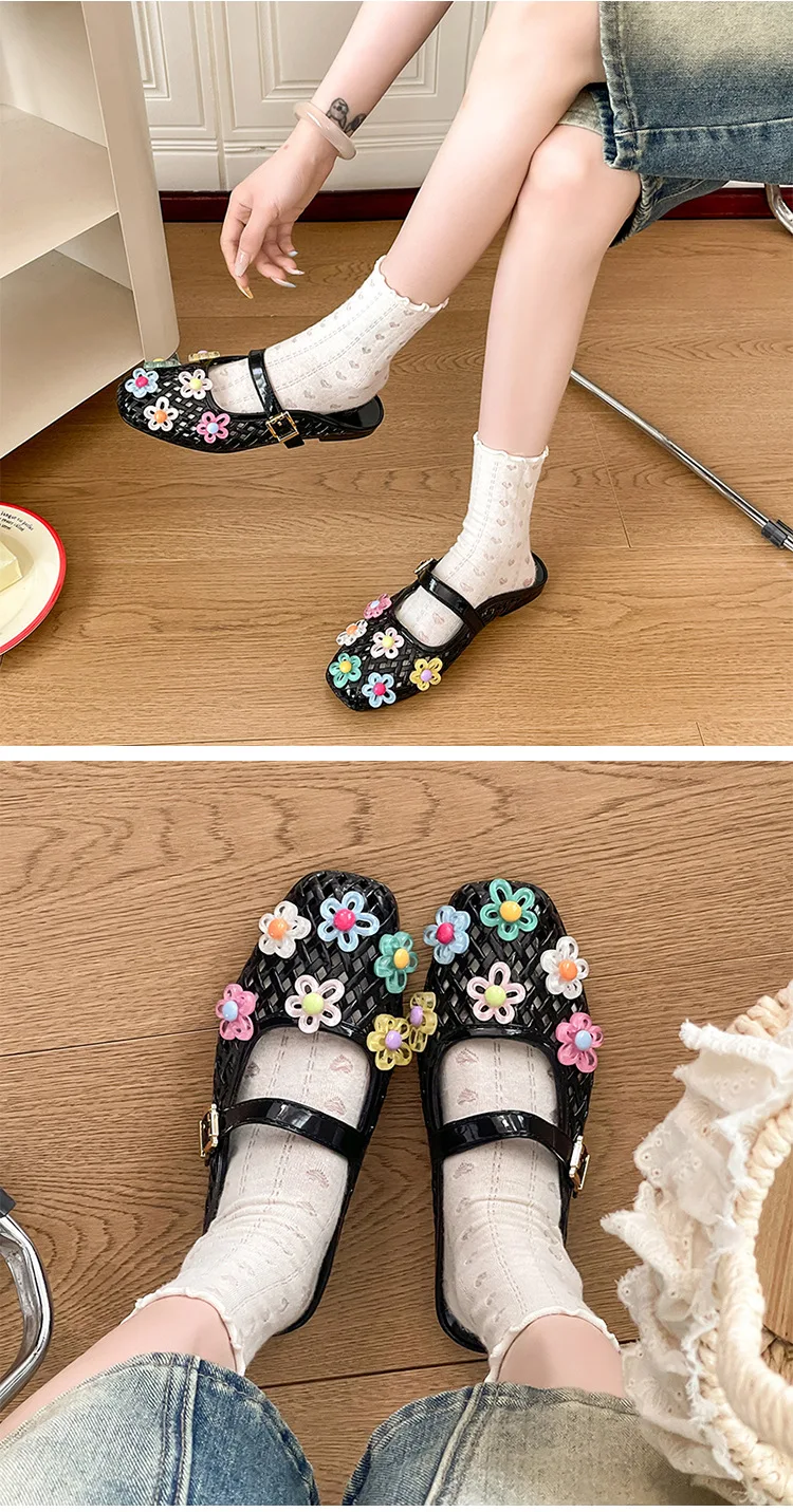 Sommerliche Modische Jelly-Slipper für Damen, Koreanischer Stil, Bunte Blumen-Kristall-Mules, Trendige Transparente Flache Sandalen mit Schnalle – Detail 4