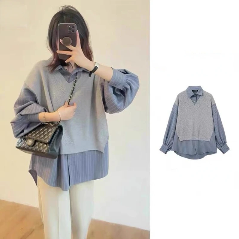 Autumn Winter Business Casual Woman Knitted Patchwork Shirt 2024 Fashion Fake Two Pieces Stripe Button Shirts Female Clothes