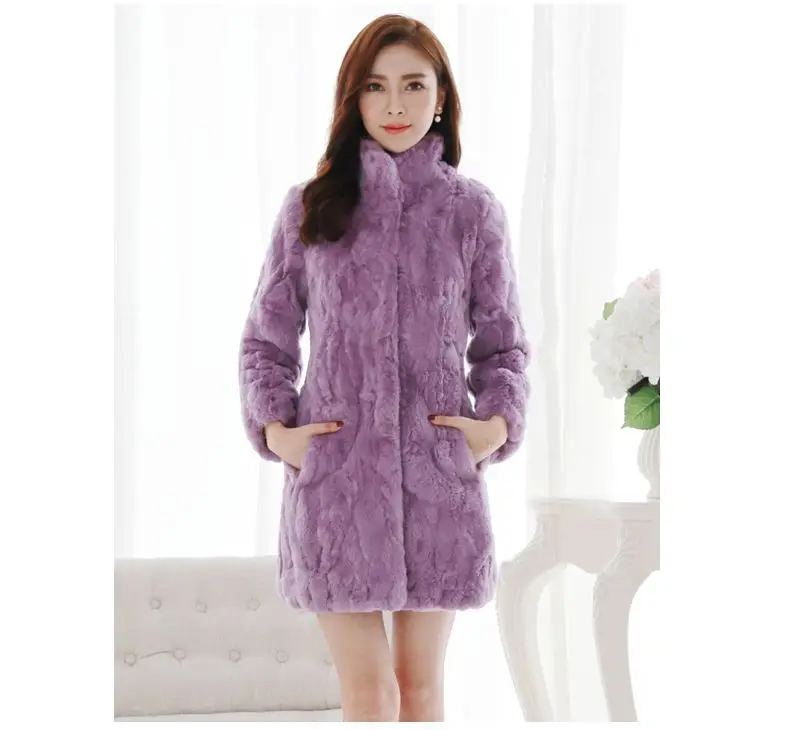 معطف فرو أرنب حقيقي طبيعي حقيقي للنساء معطف متوسط الطول بياقة واقفة للخريف والشتاء دافئ