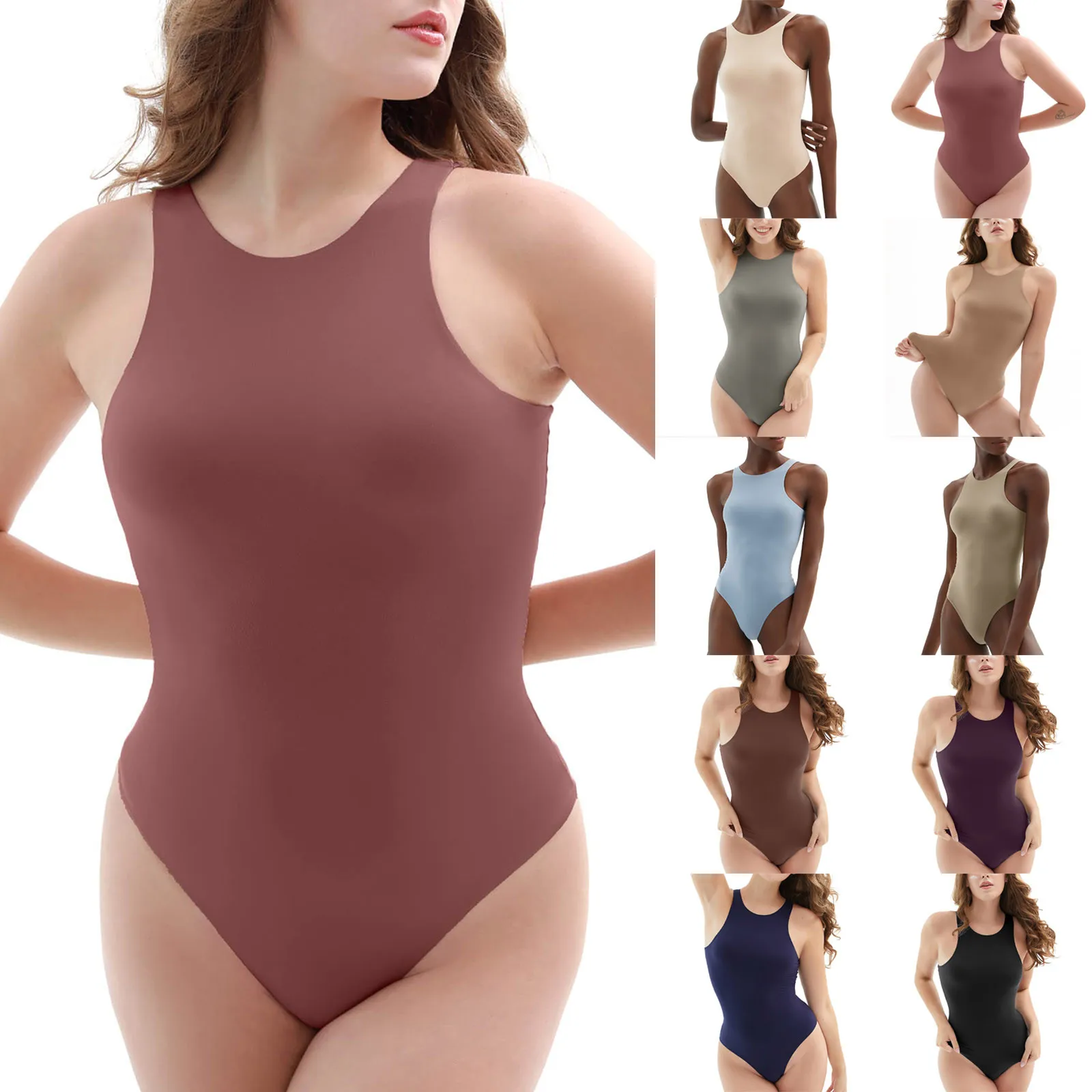 Womens Glossy Bodycon Bodysuit Sleeveless U Neck Racer Back Leotard Skinny Jumpsuit Swimwear Sports Fitness One-Piece Unitard