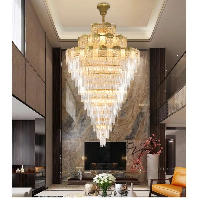 Duplex building, large chandelier, light luxury villa, living room, revolving staircase, hollow crystal lamp