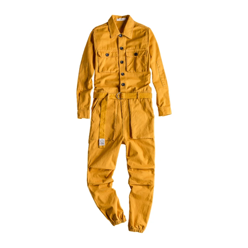 Men's Jumpsuit Lapel Long Sleeve Multi-Pocket Ankle Length Beam Feet Overalls Fashion Black Yellow Freight Trousers