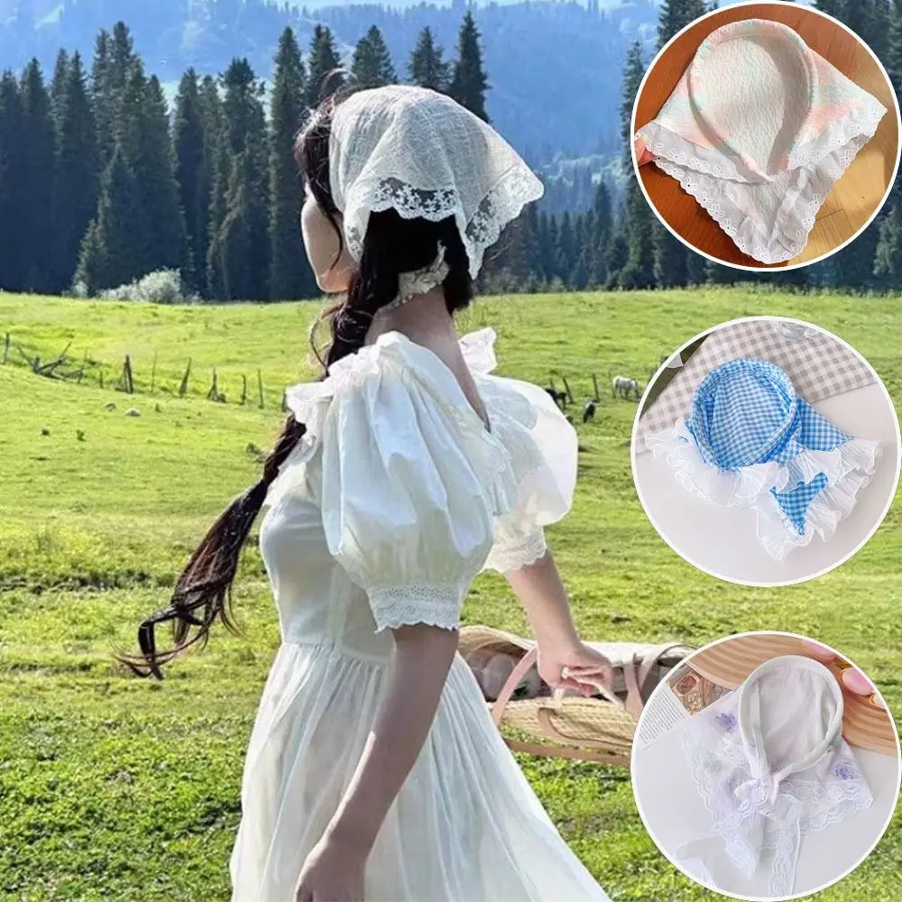 

Lazy Person Lace Headscarf Triangle Headscarf Hairhoop Hair Accessories Lace Headband Triangle Scarf Grid Ins Pastoral Style