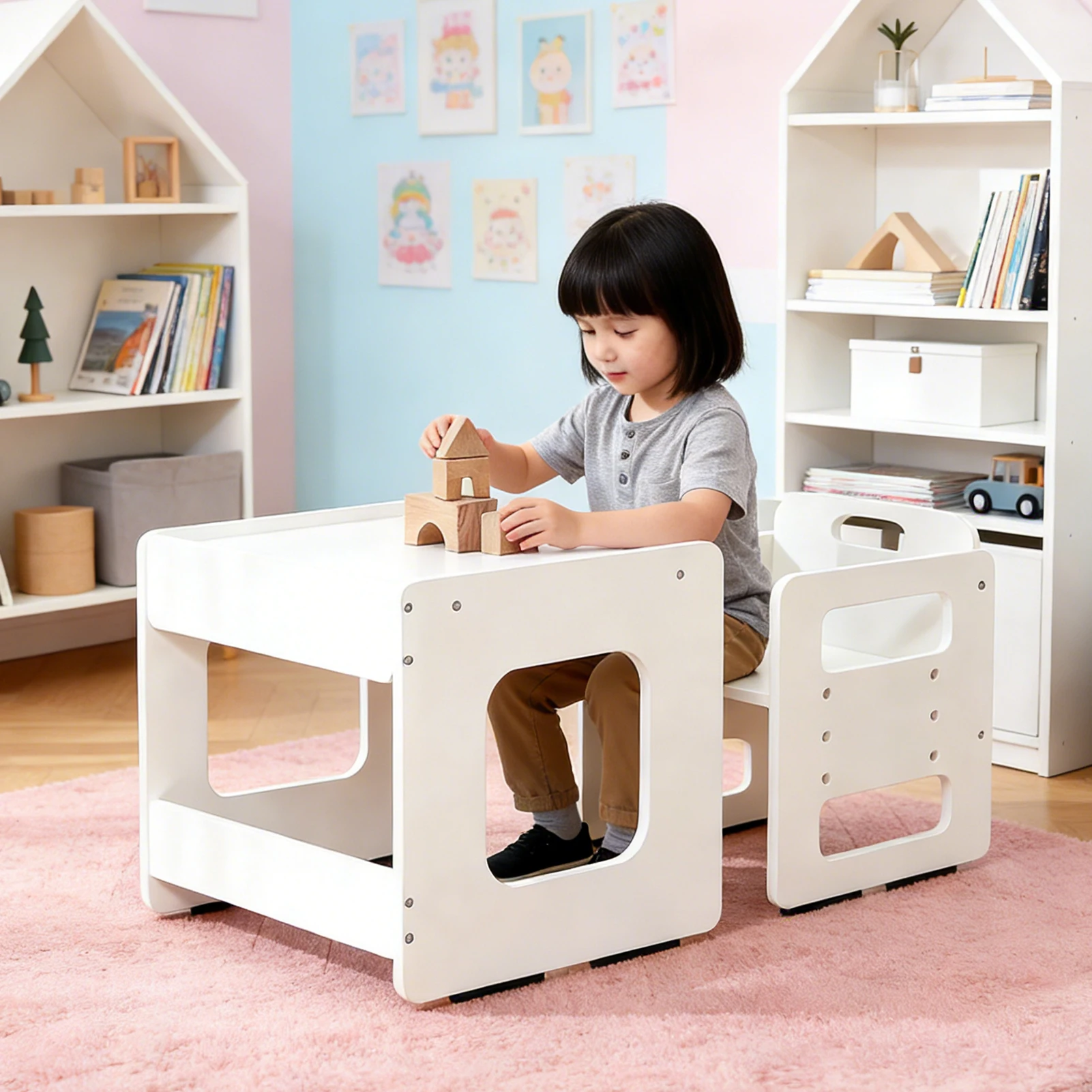Conjunto de Mesa y Silla para Niños, Ajustable en Altura, de Madera, para Niños de 1 a 3 Años, para Jugar, Aprender, Leer y Comer