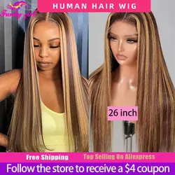 Perruque Lace Closure Wig Naturelle, Cheveux Lisses, Couleur Blond Miel, Balayage Brun, Pre-Plucked, Bon Marché, pour Femme