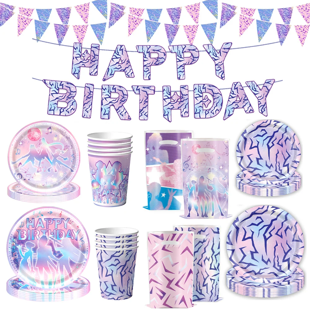 Kpop Rosa Lila Geburtstagsparty Dekorationen Tischgeschirr Pappbecher Teller Servietten Geschenktüten Set für Kinder Babyparty Zubehör Geschenke