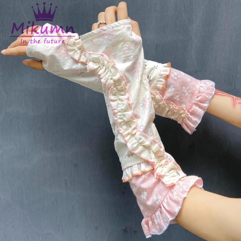 Lolita Long Fingerless Gloves Women Sweet Floral Lace Ruffles Japanese Kawaii Sleeve Gloves Clothing Accessories