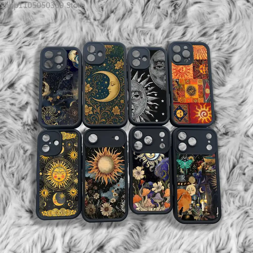 

Bohemian Sunflower Moon Phone Case For iPhone 17,16,15,14,13,12,11,Pro,Max,Plus,X,XS,SE4,E,Mini Black Thickened border Case