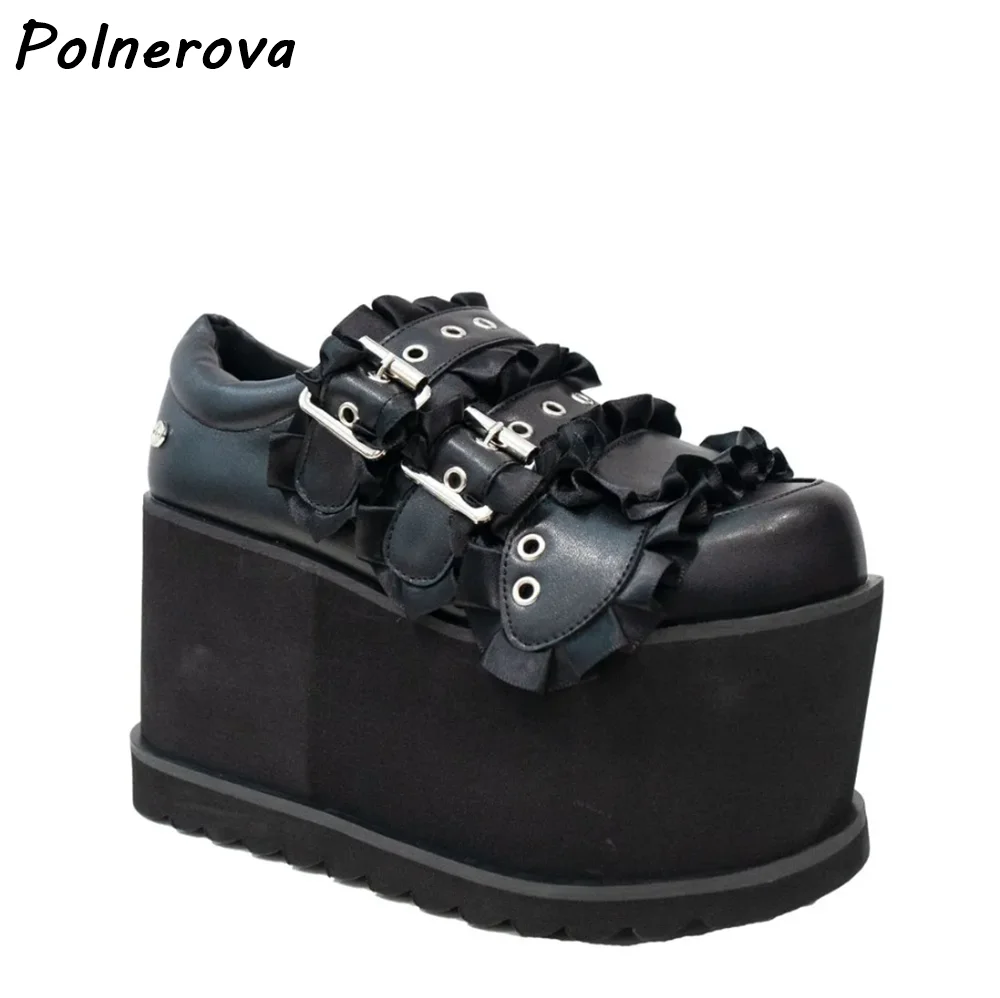 Gothic Lolita Platform Wedge Pumps Ruffle Buckle Detail Punk Harajuku Streetwear Shoes Women's Shallow All Match Black Shoes