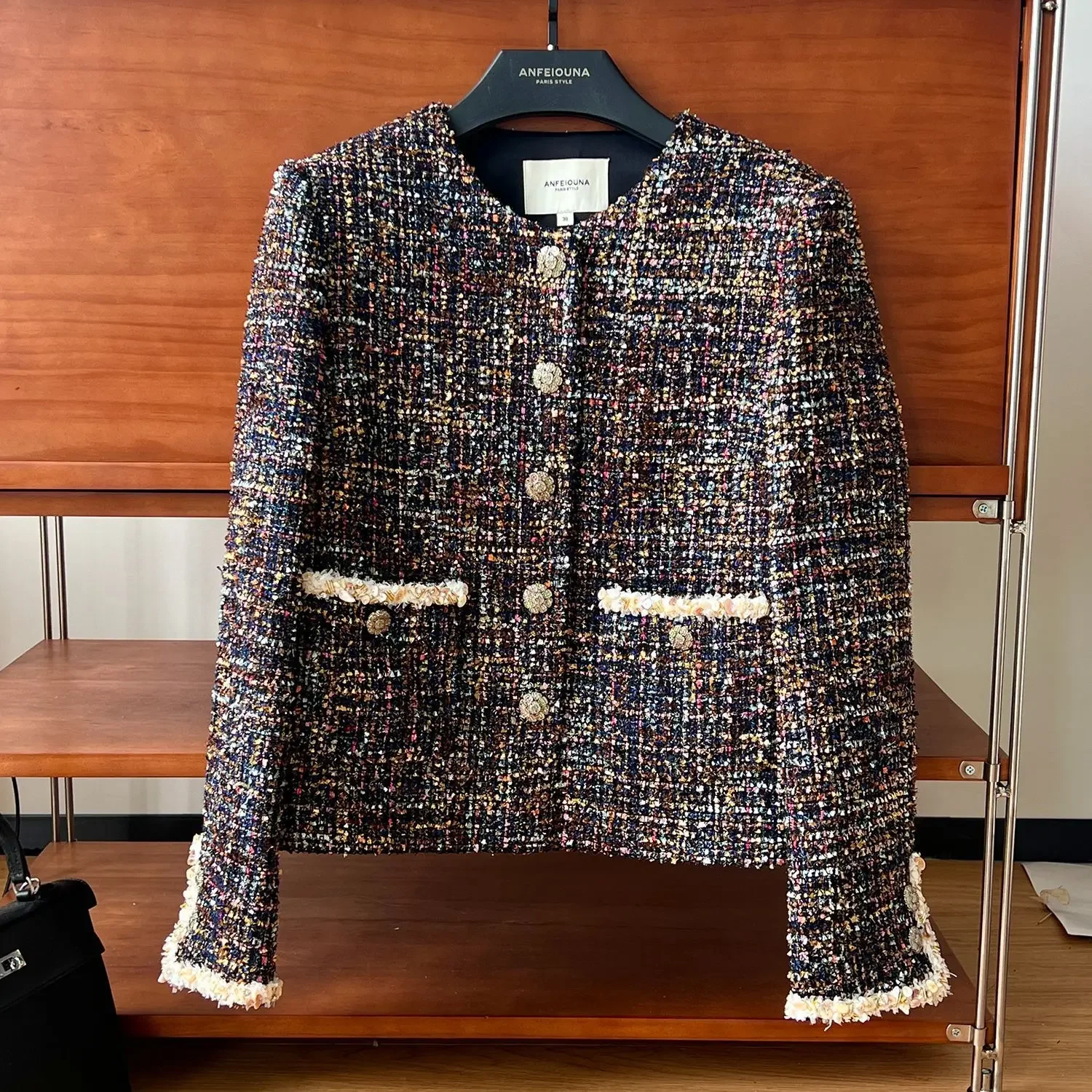 Plaid Tweed Jacket for Women, Small Fragrance, Color Contrasting, Handmade Lace, Rhinestone Button, Woolen Coat, High Quality