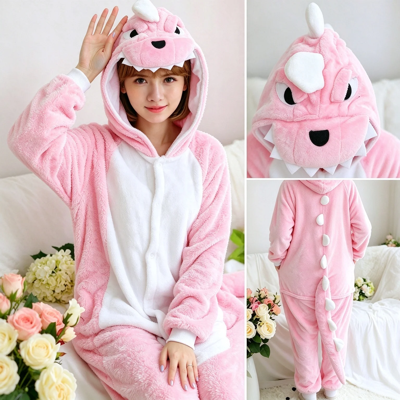 Onesie dinosaur pink jumpsuit pajamas flannel cartoon animal shaped home clothes party cosplay role-playing clothes Dinosaur