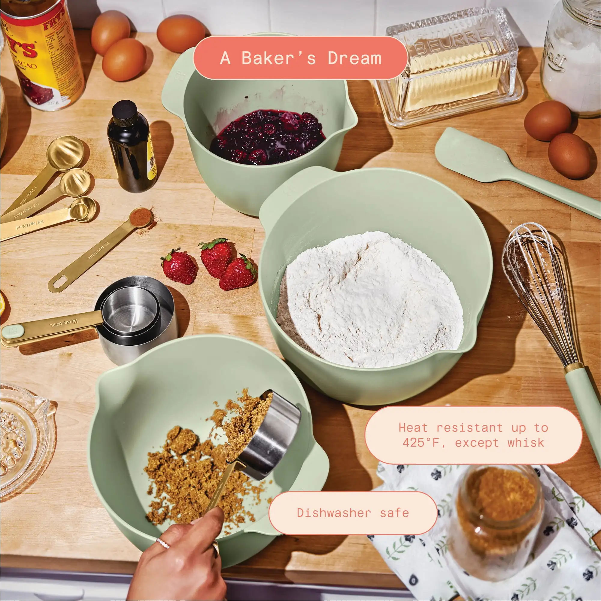 

14-Piece Sage Green Mix & Measure Set, Baking & Cooking Utensils with Measuring Cups, Spoons & Tools, Dishwasher Safe