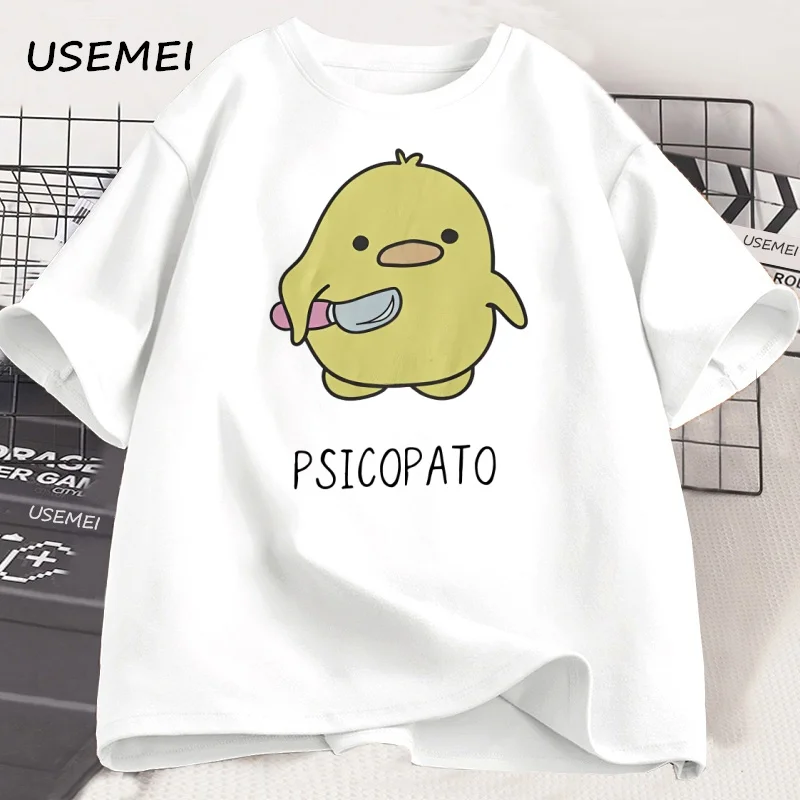 Psicopato T Shirt Men Women Cute Duck with Knife Tshirt Casual Short Sleeve Cotton Printed Round Neck T-shirt Streetwear Loose