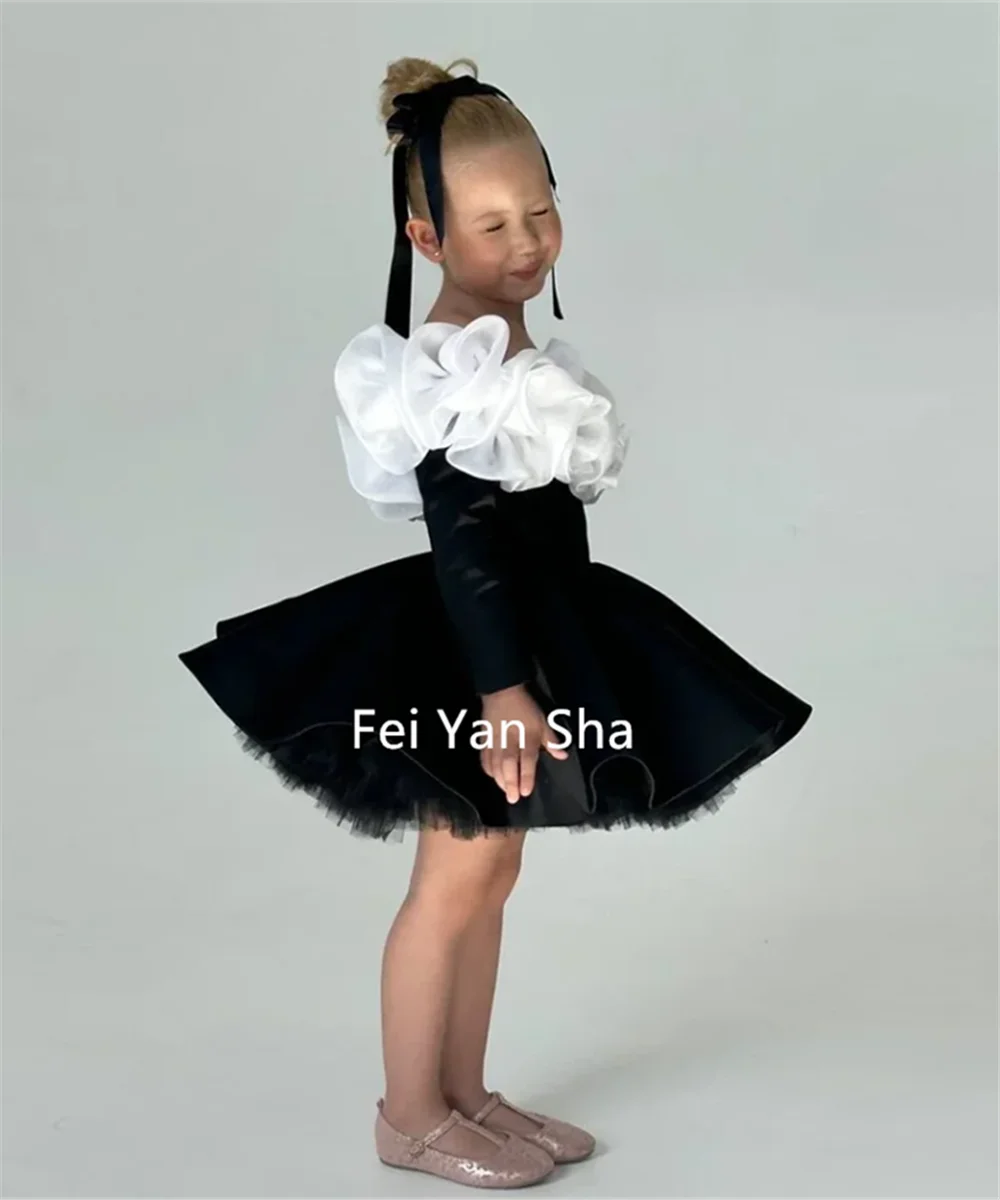 Vestidos elegantes de terciopelo negro para niña, vestido de fiesta de boda con flores en 3D y hombros descubiertos, vestido corto de cumpleaños personalizado