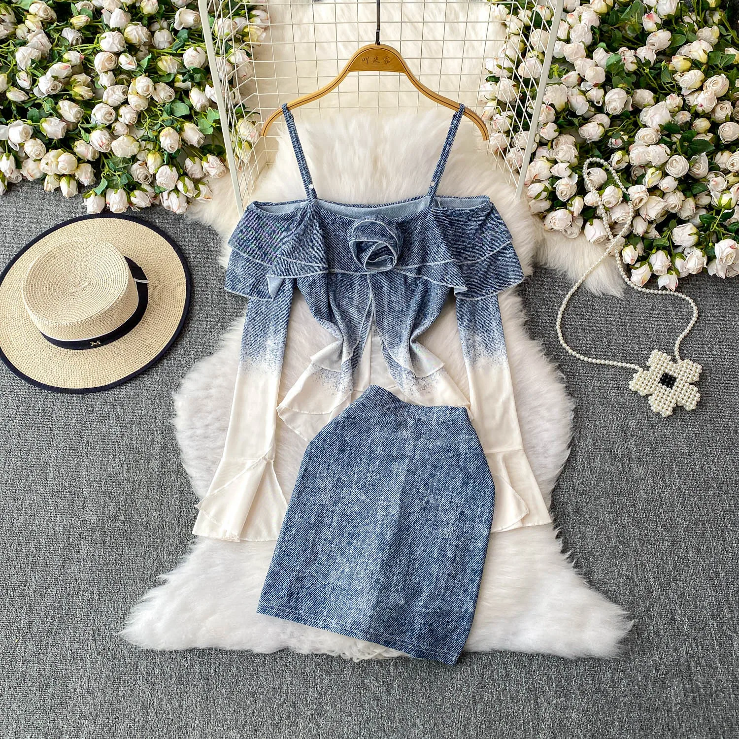 

Женский сексуальный градиентный цветной наряд, летние шикарные топы, рубашки, юбка, комплекты из 2 предметов, костюм, женские вечерние комплекты с разрезом на бретельках и расклешенными рукавами