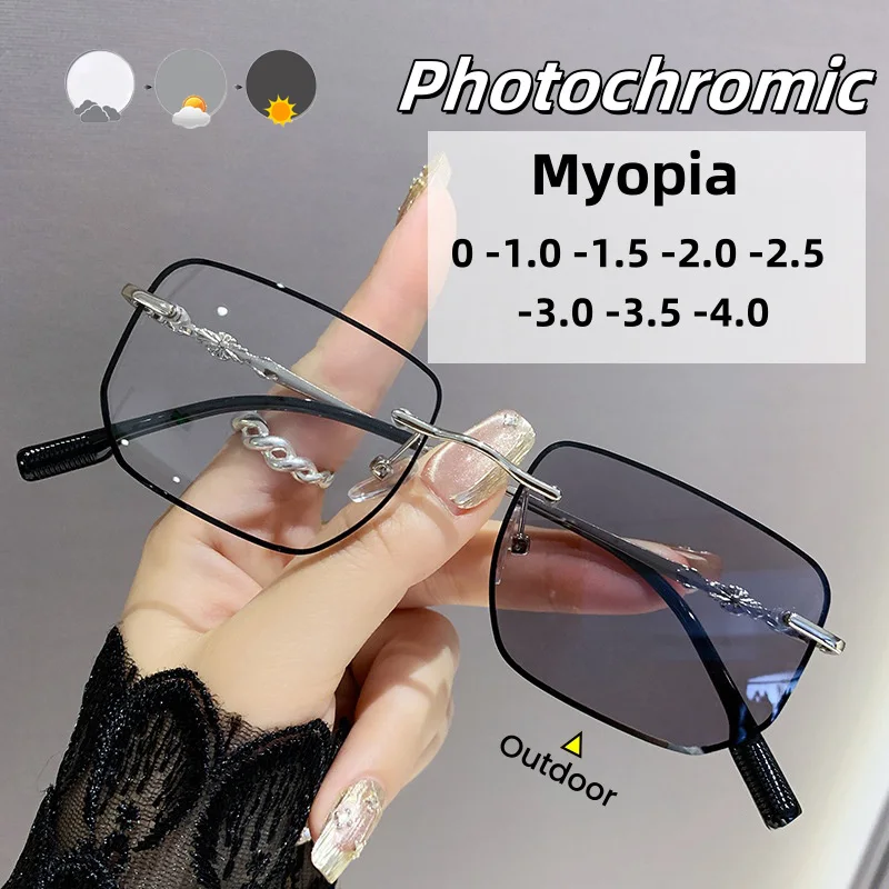 

Fashionable Photochromic Myopia Glasses Retro Frameless Cut Border Blue Light Glasses Optical Prescription Eyeglasses 0 TO -4.0