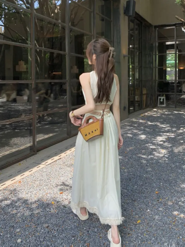 Vestido F Longo Sem Mangas, Estilo Praia, Com Decote Costas Nuas, Sem Alças, Com Cintura Ajustada, Para Férias de Verão