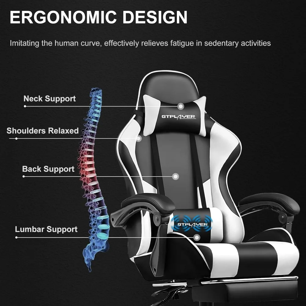 Silla para juegos, silla para computadora con reposapiés y soporte lumbar, silla para juegos de altura ajustable con 360 ° -Asiento giratorio