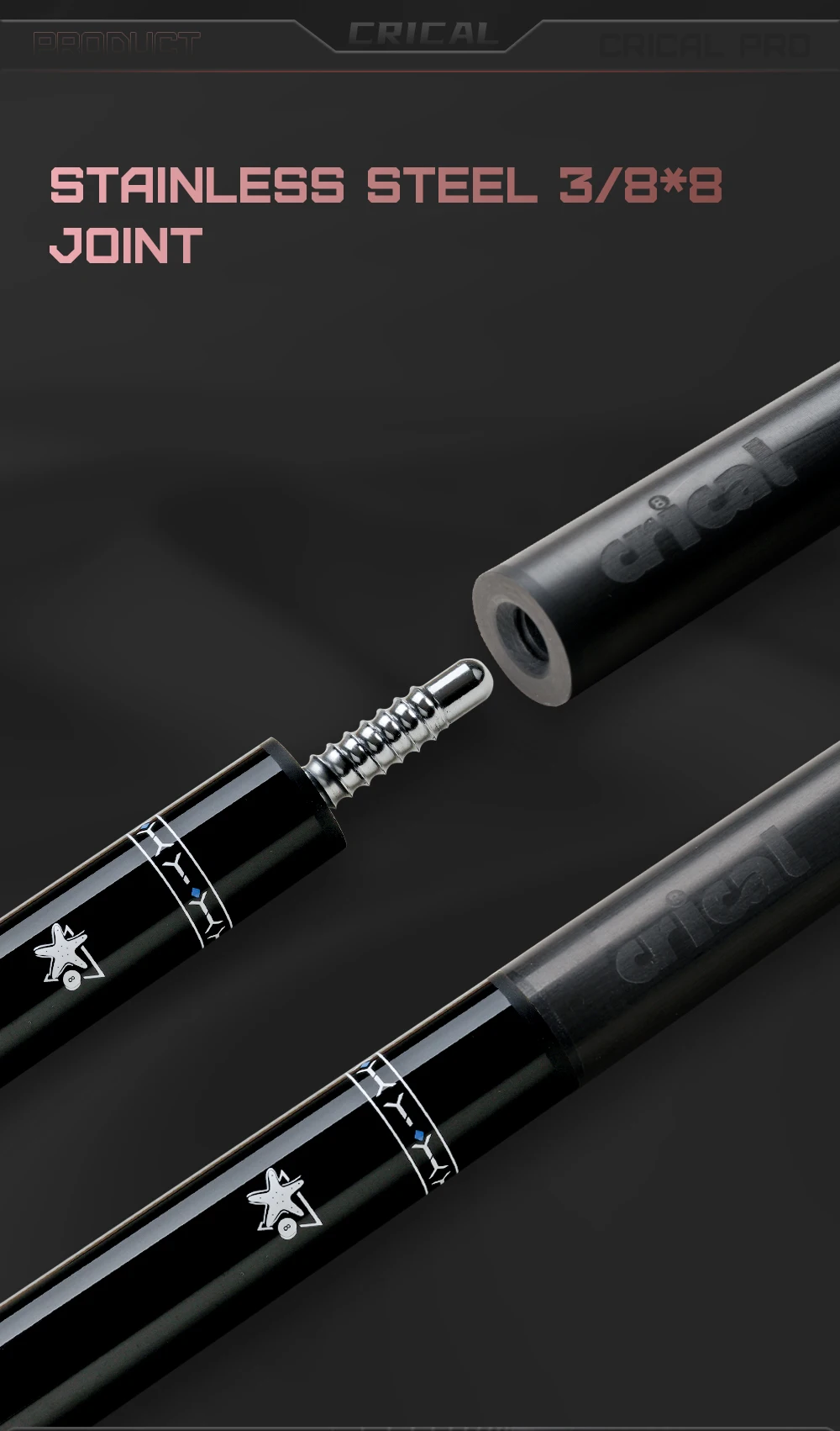 CRICAL Carbonfaser-Billardqueue, professioneller Billardstock mit geringer Abweichung, 3/8 * 8 Pin-Verbindung und 12,5 mm – Detail 7
