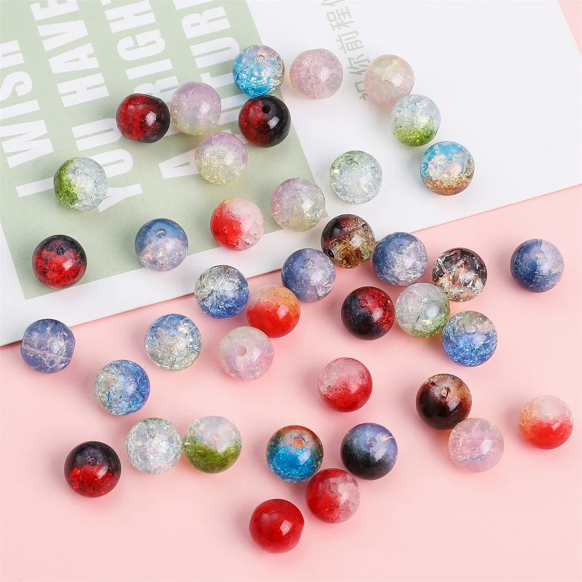 20pcs 10mm Double Color Imitation Crack Glass Beads Round Loose Spacer Beads Pattern for Jewelry Making DIY Bracelet Necklace