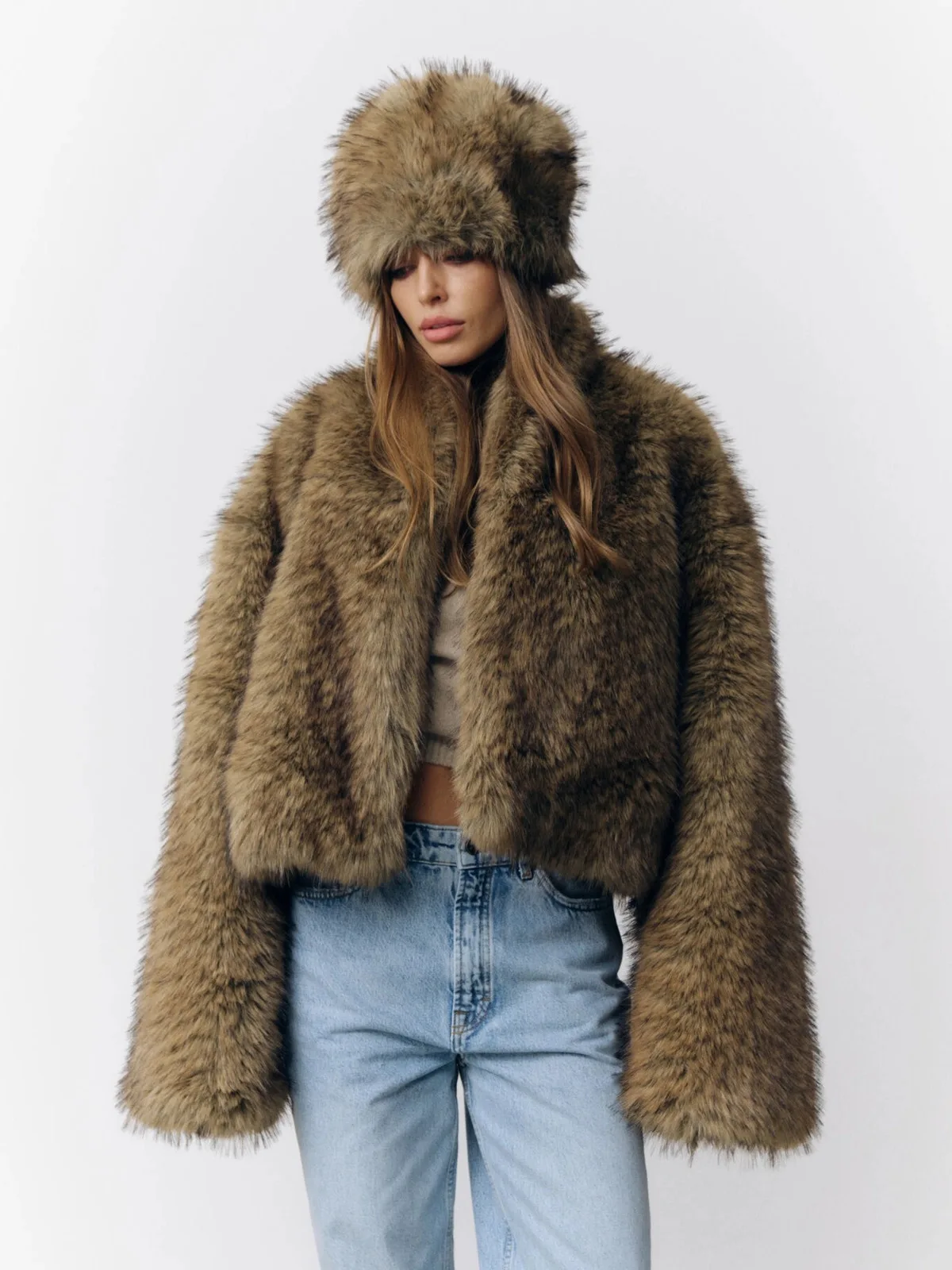 DFDG Women 2026 Faux Fur Cropped Coat V Neck Loose Long Sleeve Thick Fluffy Winter Jacket Fashion Casual Outerwear Daily Wear