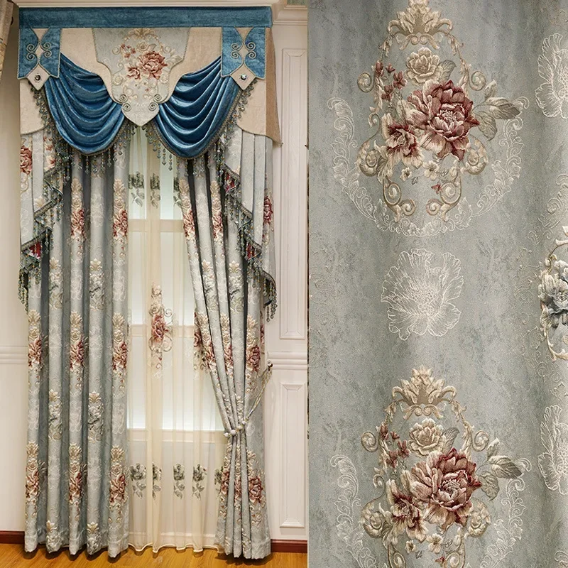 Custom European Flower High-end Textured Noble Valance New Embossed Luxury Tulle Cort Curtains for Living Dining Room Bedroom