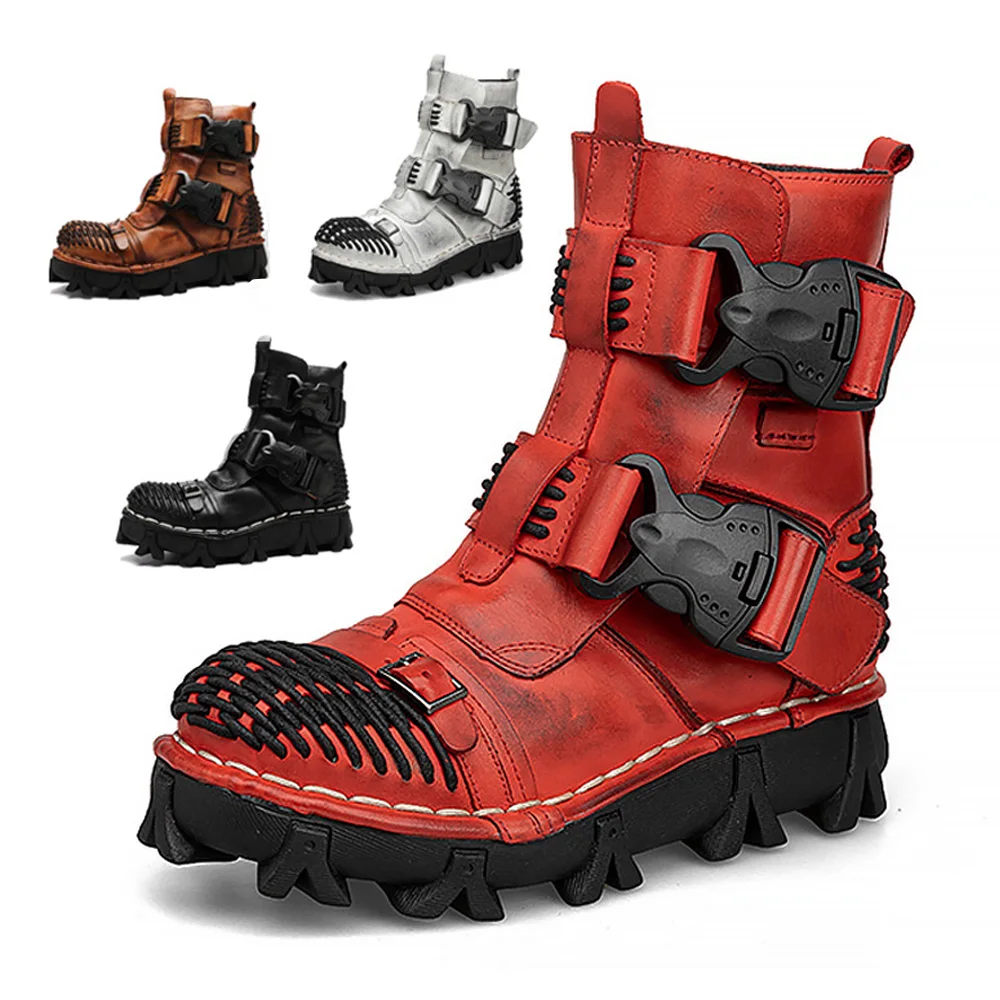 

Men's Genuine Leather Motorcycle Boots Skull Gothic Punk Mid-calf Boots Western Cowboy Boots Thick Bottom Winter Red Plus Size50