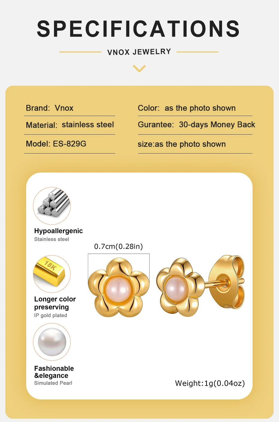Vnox Minimalistische Vergoldete Imitationsperlen-Ohrstecker für Damen, Exquisite Edelstahl-Blumenohrringe, Schmuck für Party und Alltag – Detail 4
