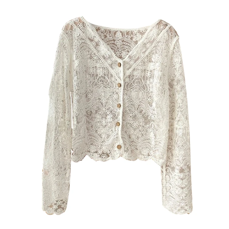 Women Lace Flare Long Sleeve Blouse V-Neck Button Down Cropped Cardigan Hollow Crochet Floral See Through  Shirts