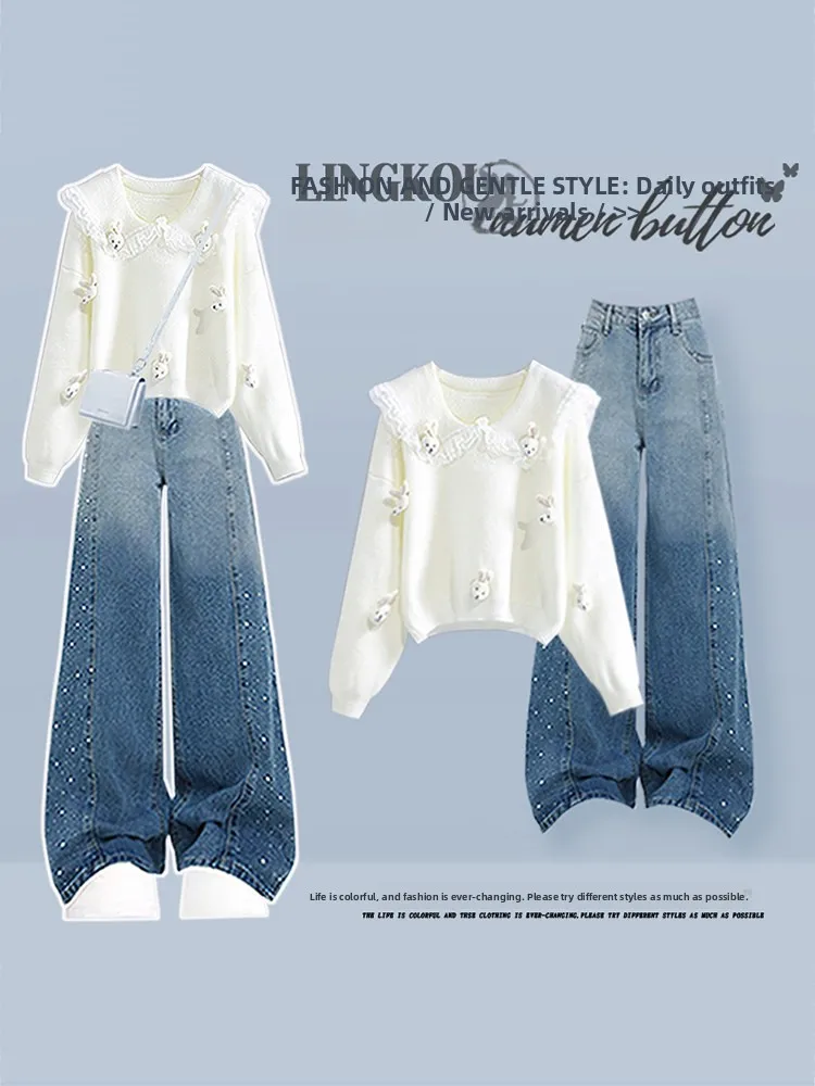 

Sweet Soft Doll Collar Knitted Sweater And Gradient Jeans Two Piece Set for Women High Waist Long Pants Casual Style Autumn W...