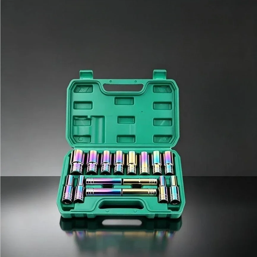 Titanium Coated Deep Hex Socket Set 8-32mm Chrome Vanadium Steel for Electric Impact Wrench