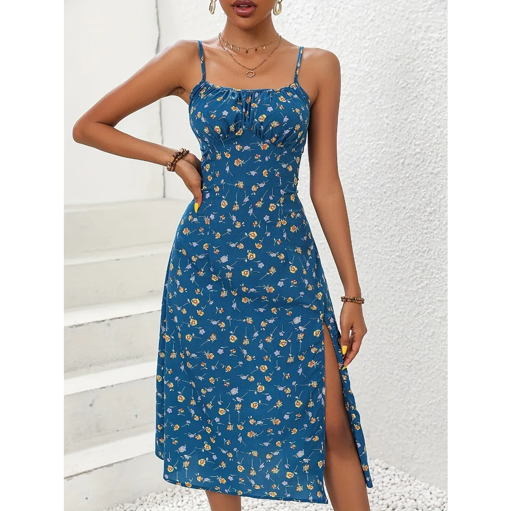 2024 Estate Sexy Cinghie di Spaghetti Vestito Delle Donne di Modo Polka Dot Stampa Senza Maniche Vestito A Spacco Boho Casual Spiaggia Abiti Midi