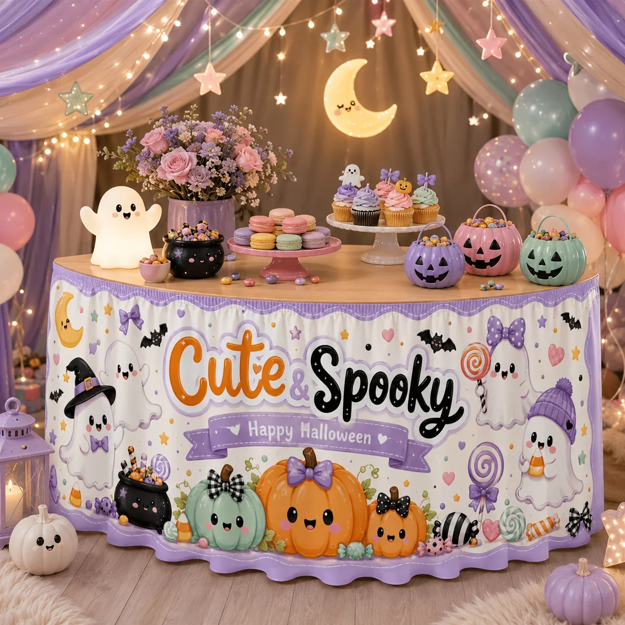 One tablecloth and table skirt, cute, eerie and joyful Halloween pumpkin-shaped pot
