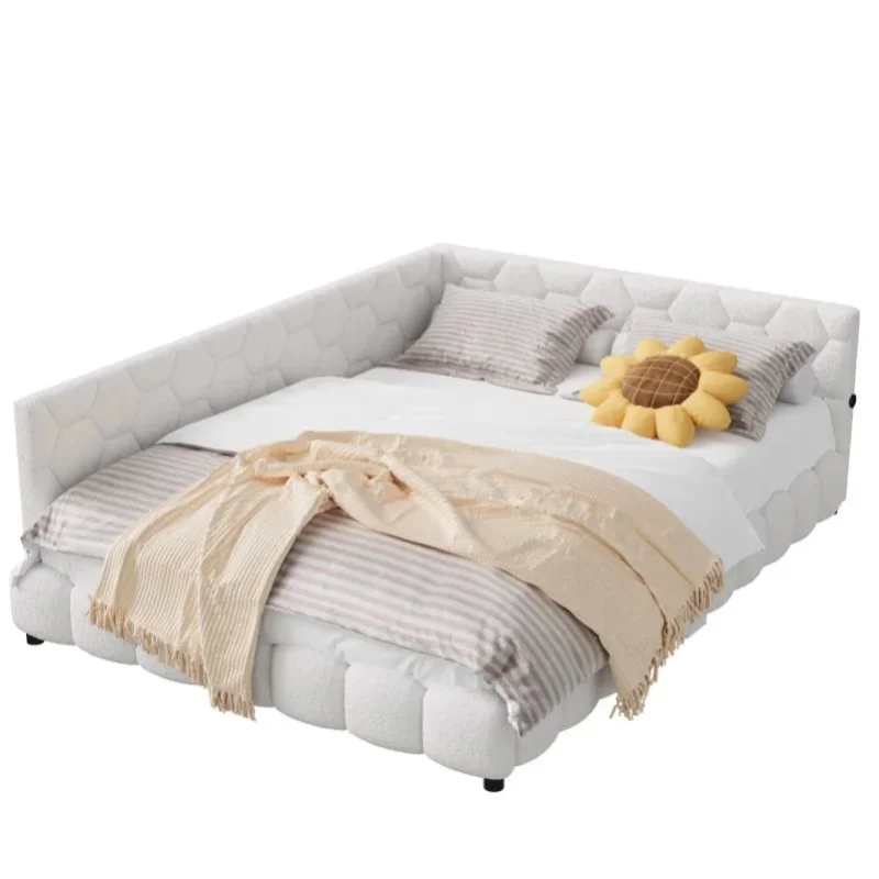 Rosahqnda Doppelbett für Erwachsene 140x200 cm mit LED-Bettgestell, Polstersofa-Bett mit L-förmigem Kopfteil, Teddy-Fleece-Plattformbett, Rosa/Weiß, ohne Matratze