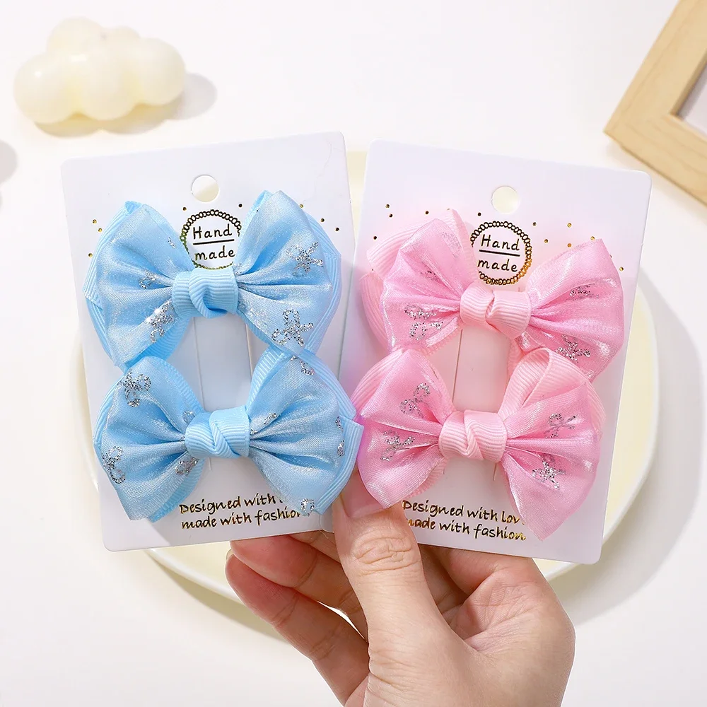 2PCS /Set Embroidery Bowknot Hair Clips 2.7inch Cheer Bows Handmade Hairgripes for Kids Girls Headdress Hair Accessories