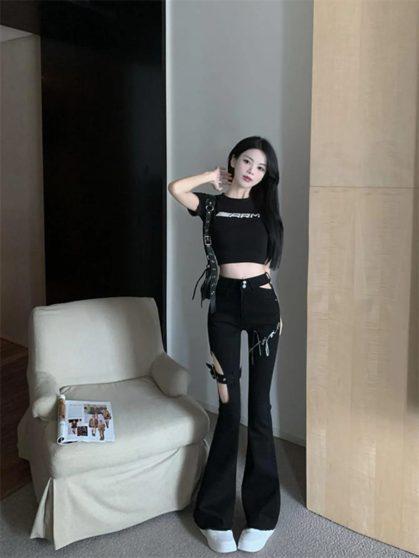 ReddaChic Black Women Cut-out Bootcut Pants Basic Solid Waistless High Rise Flare Jeans Graphic Print Ladies Trousers Streetwear