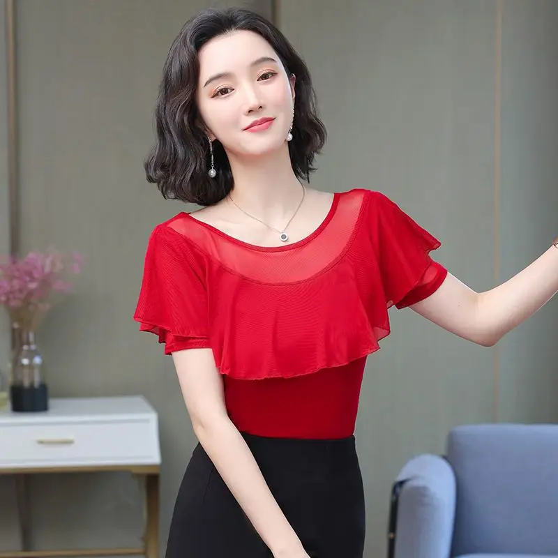 

Women's Light Mesh Short Sleeve Top Elegant Design Summer Fashion Thin Style Mom Clothes round Neck Three-acetate Fiber 100%