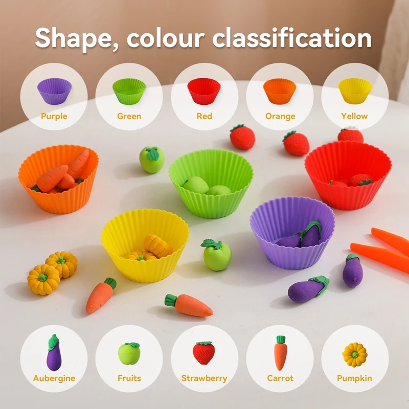 Baby Montessori Toys Fine Motor Skills Learning Counting Rainbow Color Pompoms Silicone Vegetable Sorting Games Sensory Toys