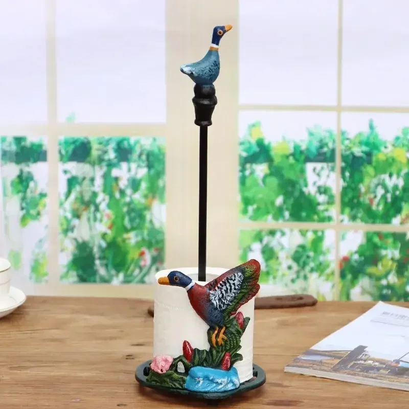 European Style Retro Cast Iron Handicrafts Painted Chicken and Duck Roll Paper Storage Rack Kitchen Vertical  Tissue Holder
